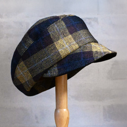 【受注制作】ころん キャスケット やわらかい手触り コットンツイード マスタード チェック コンパクト Mサイズ 帽子 3枚目の画像