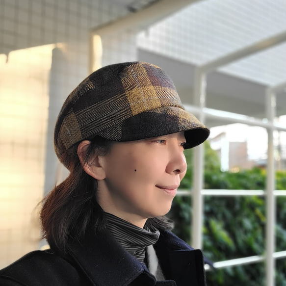 【受注制作】ころん キャスケット やわらかい手触り コットンツイード マスタード チェック コンパクト Mサイズ 帽子 12枚目の画像