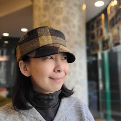 【受注制作】ころん キャスケット やわらかい手触り コットンツイード マスタード チェック コンパクト Mサイズ 帽子 9枚目の画像