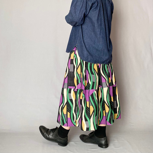 アートな幾何学柄のタックスカート 受注制作 大人 レディース ロング