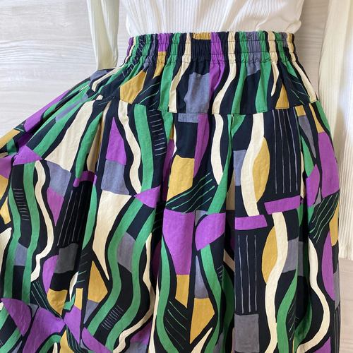 アートな幾何学柄のタックスカート 受注制作 大人 レディース ロング