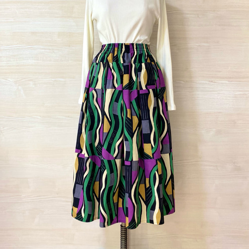 アートな幾何学柄のタックスカート 受注制作 大人 レディース ロング