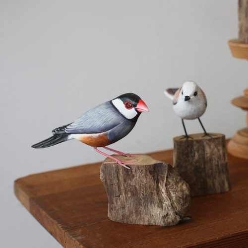 夏SALE 天然木 手彫り 絵付けART 桜文鳥 文鳥 オブジェ 流木