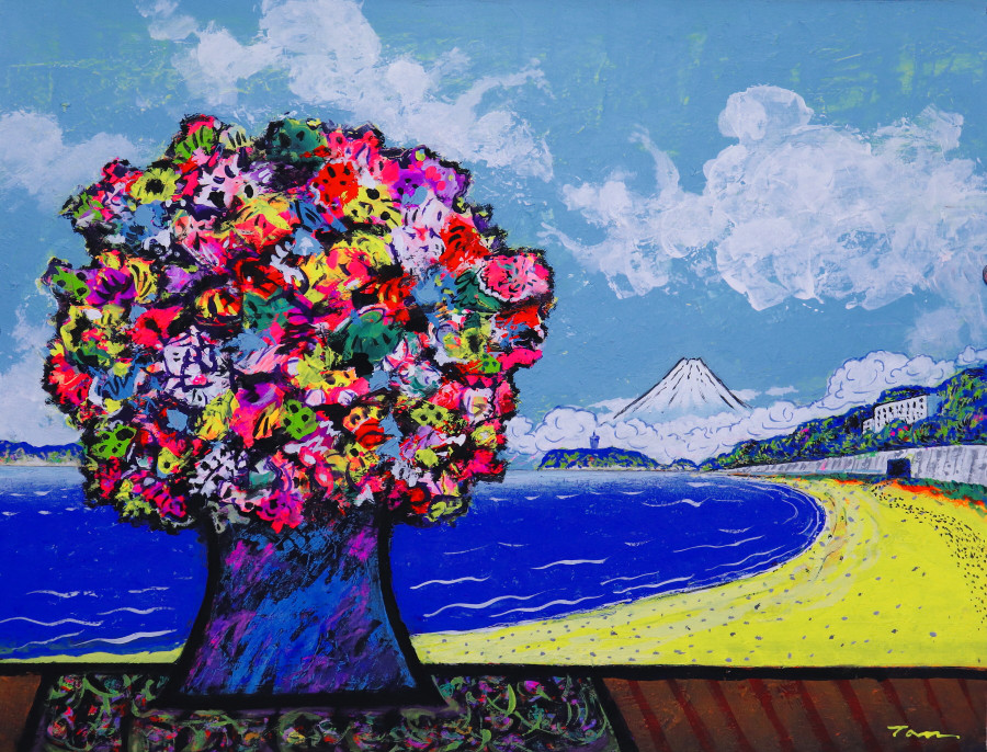 「花と富士と湘南の海」(NO.2503) 10号P ケント紙にアクリル絵の具 送料無料 額付き 安本太ん