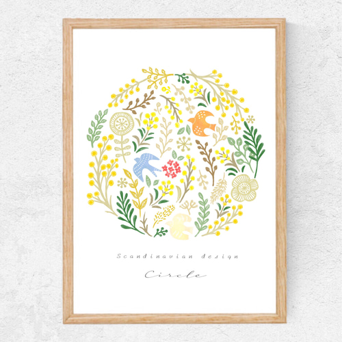 北欧ミモザ✴︎ サークル◻︎ 水彩インテリアポスター◻︎ イラスト N