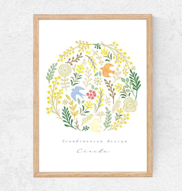 北欧ミモザ✴︎ サークル◻︎ 水彩インテリアポスター◻︎ イラスト N