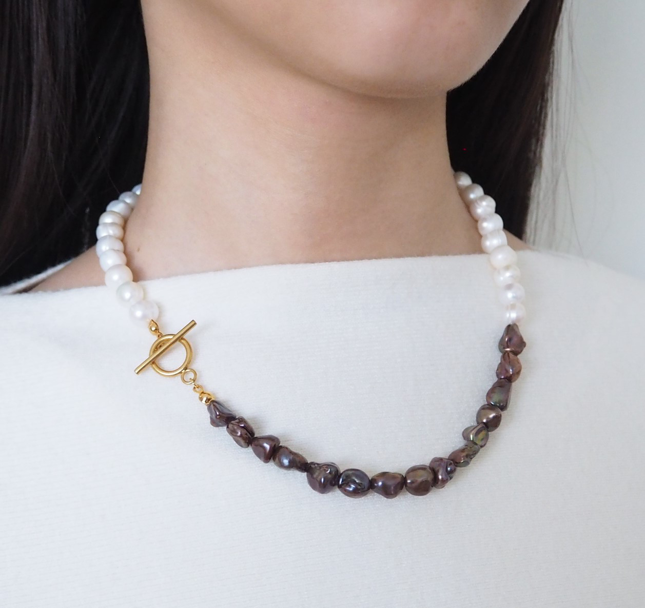 サージカルステンレス　限定1点　ブラウン淡水パール　1連 マンテルネックレス　金属アレルギー 入学式　Creema限定 6,600円