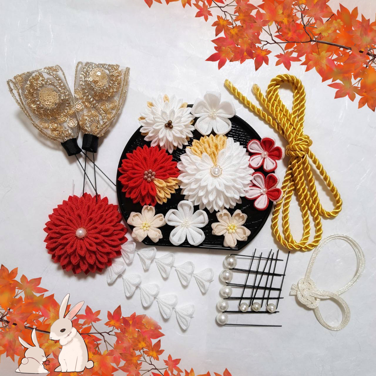 ☆大容量！　豪華　24点セット☆　◎つまみ細工◎ 菊『大きなお花の髪飾り　紅白・金』♡結婚式♡成人式♡卒業式♡七五三♡