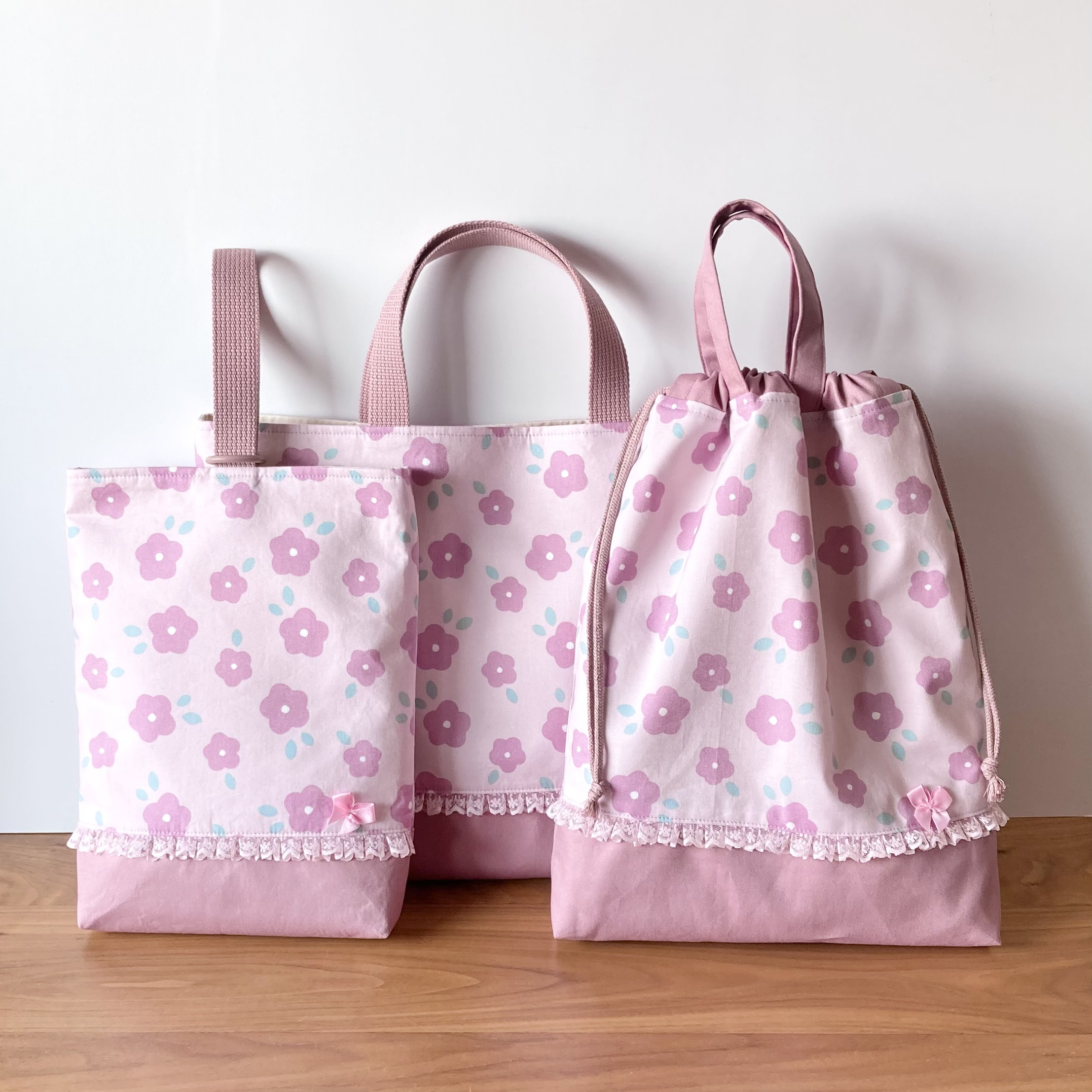 まぁるいお花の入園入学3点セット　レッスンバッグ+シューズケース+体操服入れ　ピンク×オールドローズ　女の子