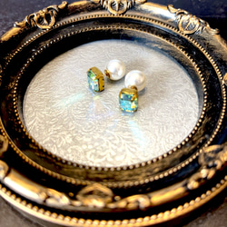 1点物！！煌めく角砂糖の様なアンティークスワロフスキーの一粒ピアス♡パールキャッチを添えて、、、 4枚目の画像