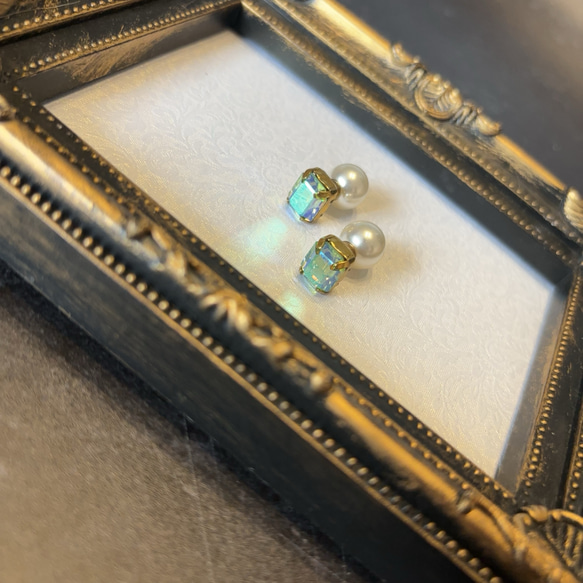 1点物！！煌めく角砂糖の様なアンティークスワロフスキーの一粒ピアス♡パールキャッチを添えて、、、 5枚目の画像