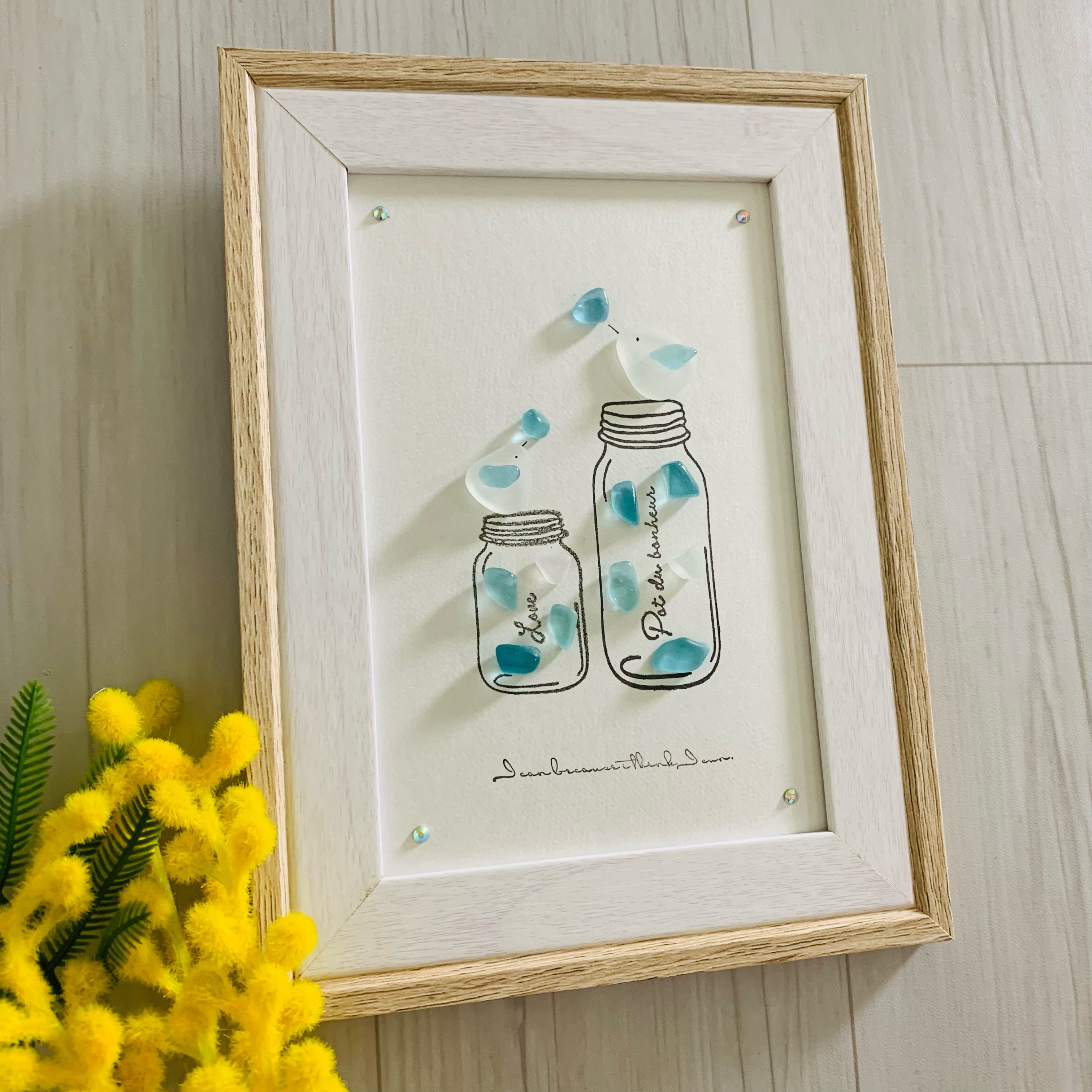 小鳥ペアの宝物 シーグラスアート 海の宝石 インテリア雑貨 壁掛け飾り 北欧 癒しのシーグラス 贈り物 誕生日プレゼント