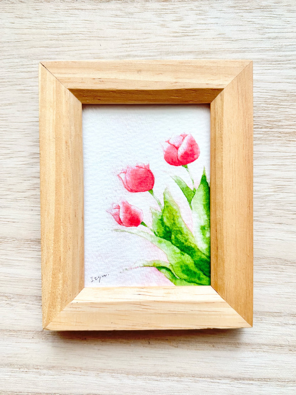 透明水彩画 ミニ額「ぷっくりチューリップ」イラスト プチギフト 花