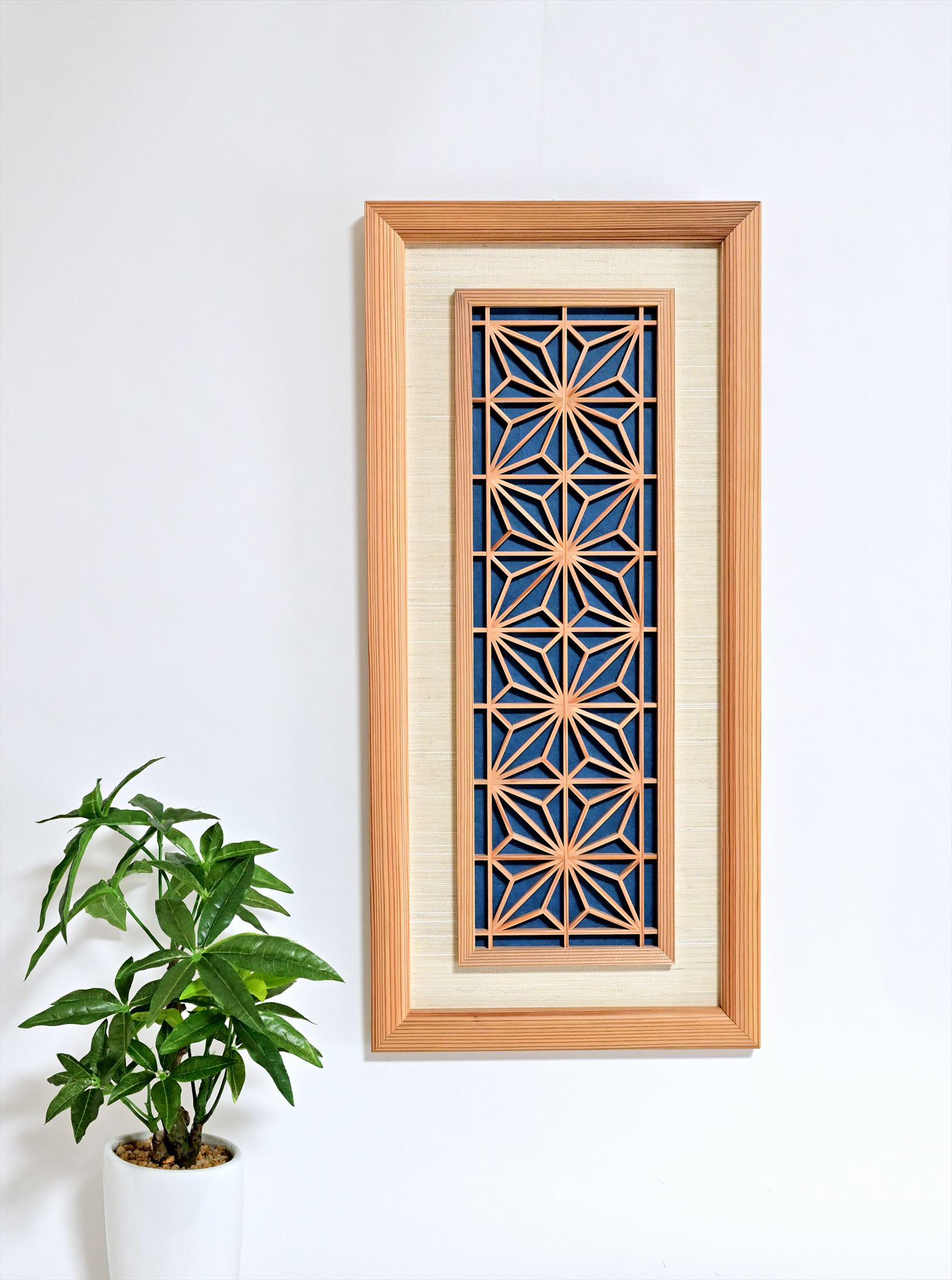 【受注製作】組子と和紙のウォールデコ　【角麻　藍色　縦】