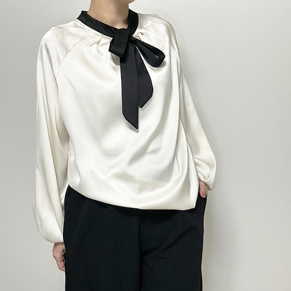 新作再販2025❤前後で結べる2wayリボン︎ バイカラーバルーンスリーブのボウタイブラウス25002AI 7枚目の画像