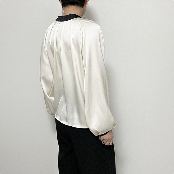 新作再販2025❤前後で結べる2wayリボン︎ バイカラーバルーンスリーブのボウタイブラウス25002AI 5枚目の画像