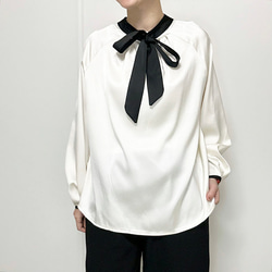 新作再販2025❤前後で結べる2wayリボン︎ バイカラーバルーンスリーブのボウタイブラウス25002AI 6枚目の画像
