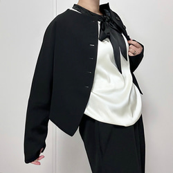 新作再販2025❤前後で結べる2wayリボン︎ バイカラーバルーンスリーブのボウタイブラウス25002AI 18枚目の画像