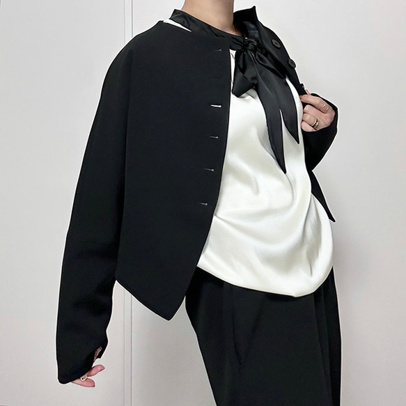 新作再販2025❤前後で結べる2wayリボン︎ バイカラーバルーンスリーブのボウタイブラウス25002AI 18枚目の画像