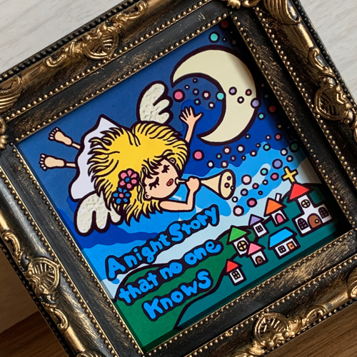 フレーム付き☆貼り絵☆イラスト☆誰も知らない夜の物語 イラスト