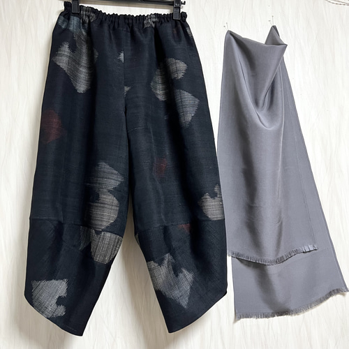 216　手染め大輔　着物リメイク　紬　トップスとサルエルパンツ　フリーサイズ 大島紬サルエルパンツ＋ストール＊裏地付き＊着物リメイク