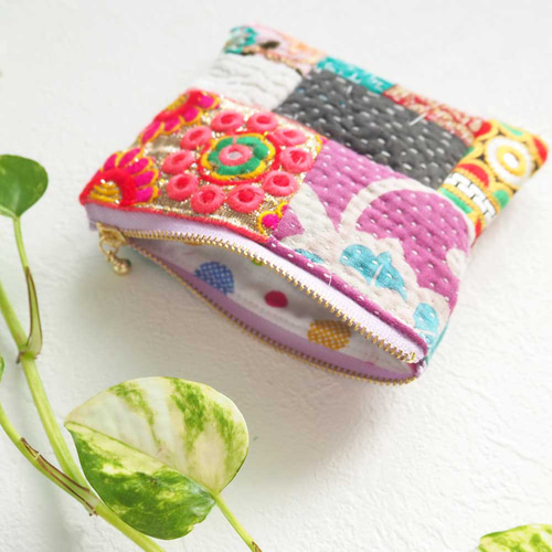 SALE【限定1点】 カンタキルト・インドリボンのパッチワークポーチ
