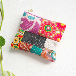 SALE【限定1点】 カンタキルト・インドリボンのパッチワークポーチ