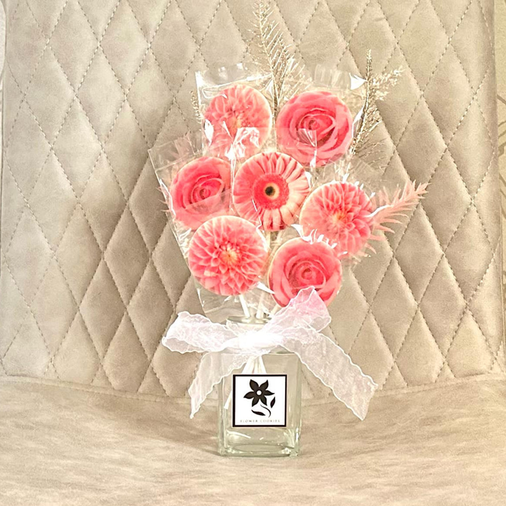 【送料無料】米粉フラワークッキーアレンジメント（ピングガーベラ・ピンクダリア・ピンクローズ）