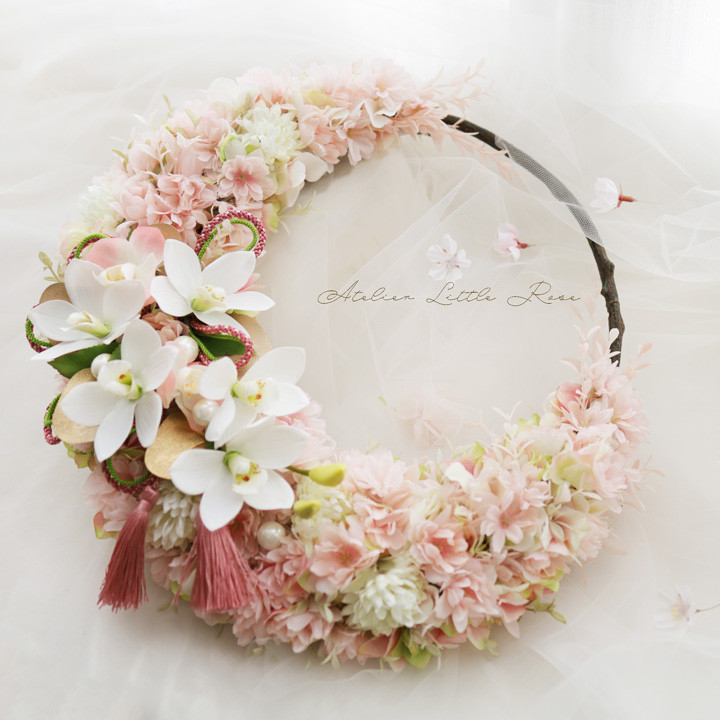 特大36cm＊桜と洋蘭の三日月リース＊満開の桜に蘭のムーン