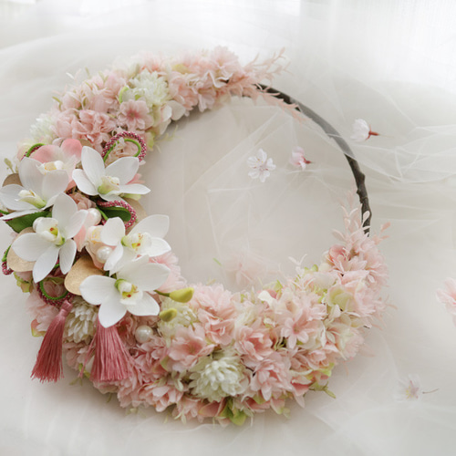 特大36cm＊桜と洋蘭の三日月リース＊満開の桜に蘭のムーン