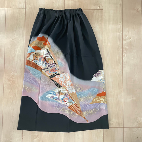 黒留袖リメイク 御所車と姫 ロングスカート フリーサイズ 大きなサイズ  