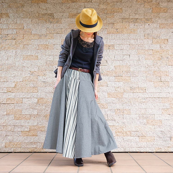 28% OFF！清倉大拍賣【自由舒展半身裙】隨心而動，展現優美身姿 *圓裙* 小倉織條紋 第5張的照片