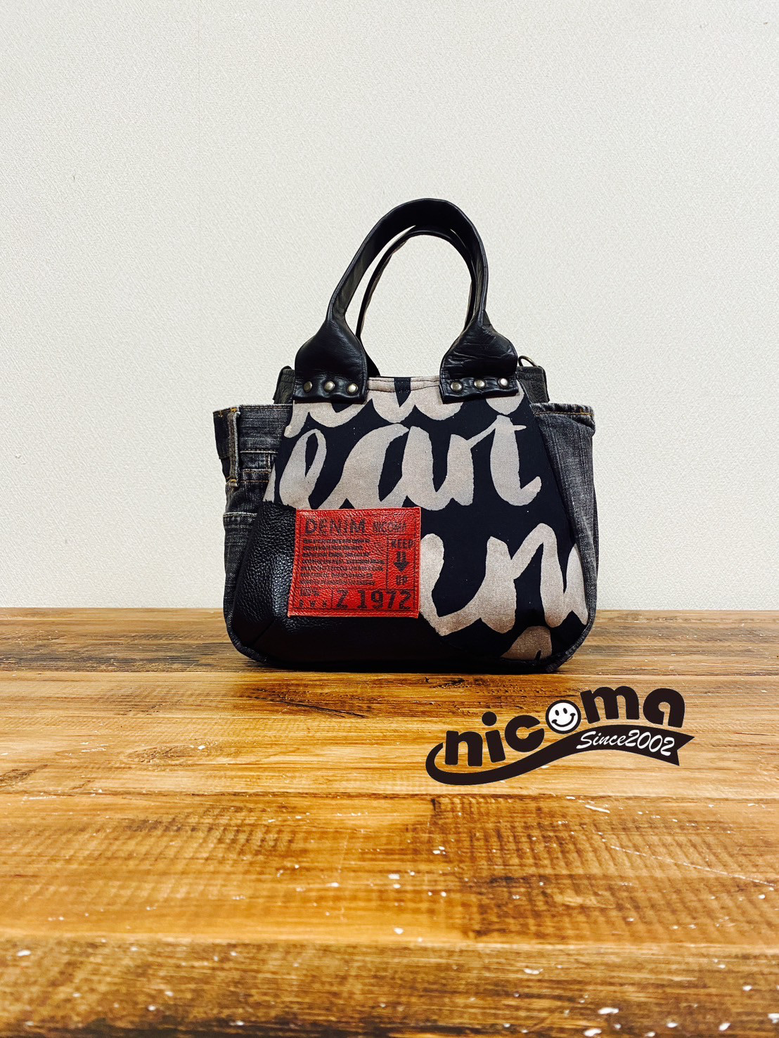 まんまるトートバッグ中サイズ　リバティブラック×本革ブラック×デニム