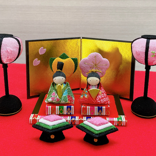 ひな飾り【春彩雛】ちりめん雛人形 ひな祭り 豆雛 屏風付き 桜橘 3月