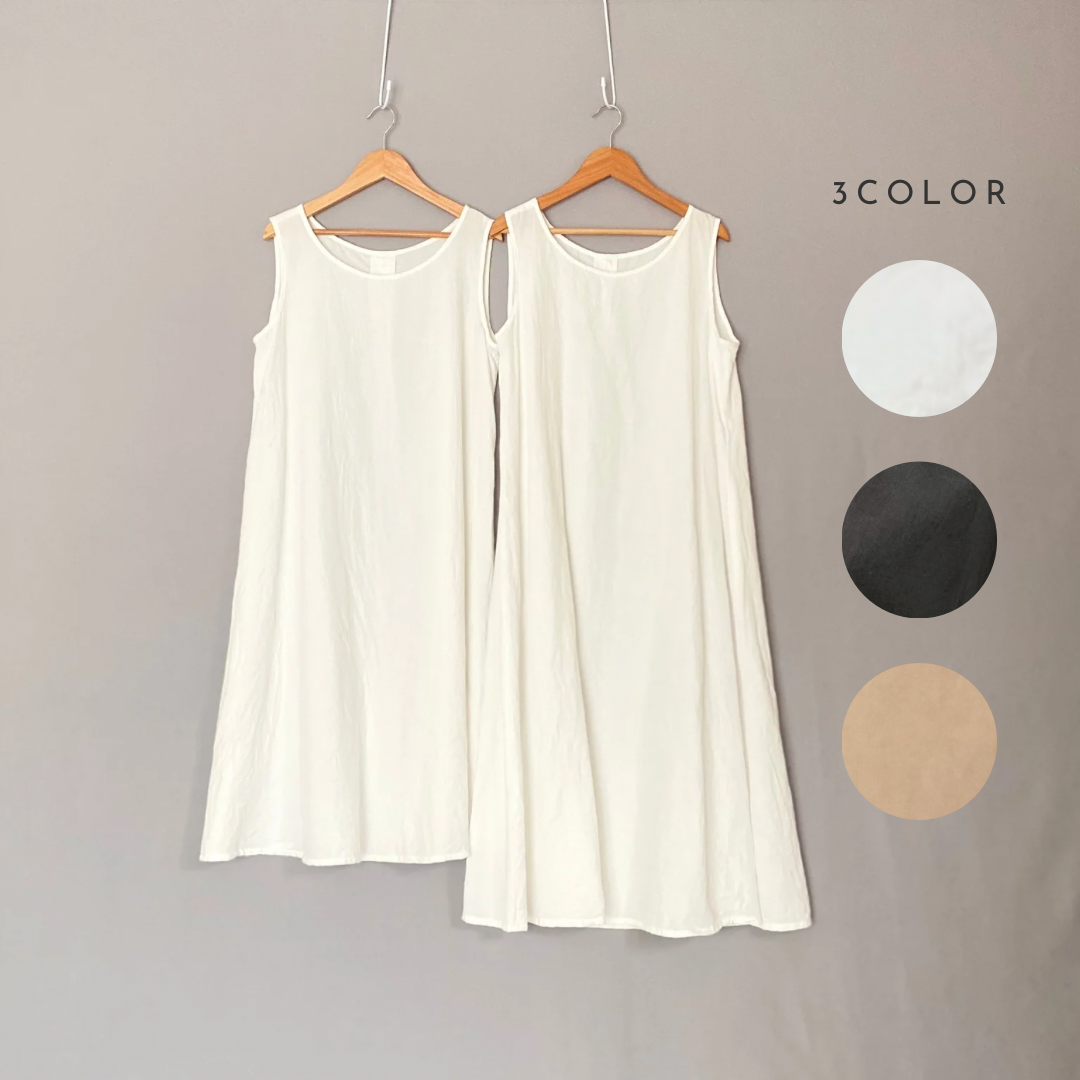 柔らか綿麻素材のペチワンピース〈オフホワイト、ブラック、スモークベージュ〉ラウンドネックorＶネック 綿麻ペチコート