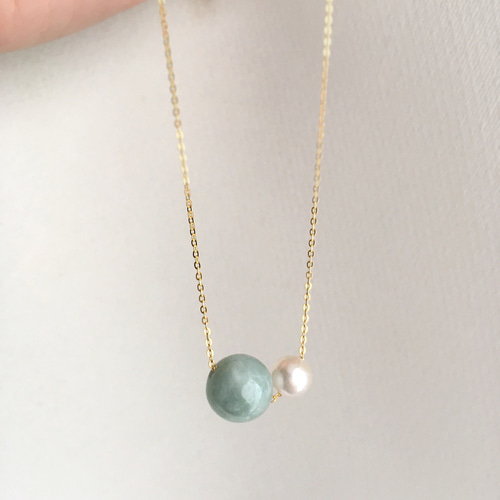 K14GF】大粒10mm翡翠 上品な緑色 春 天然ヒスイ翡翠 とパールのスルー