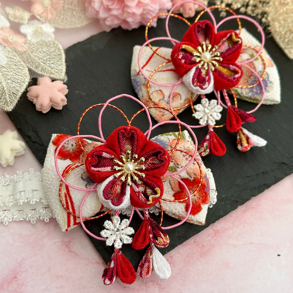 和風 ベビー ヘアバンド つまみ細工 100日祝い 百日祝い お食い初め ひな祭り 753 七五三 和 ベビー袴 髪飾り 2枚目の画像