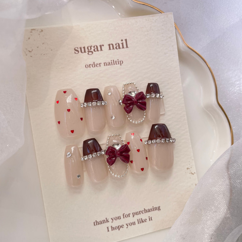 ネイルチップ ハートネイル リボンネイル ワンホンネイル 韓国 ドット