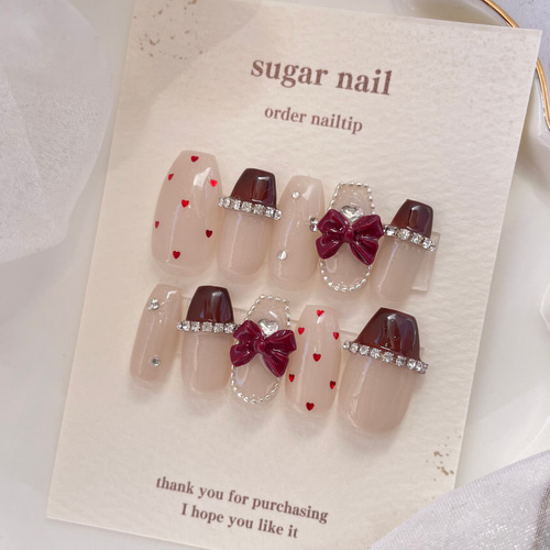 ネイルチップ ワンホン リボン ビジュー ハート パール ネイルチップ ワンホン リボン ビジュー ハート パール