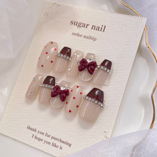 ネイルチップ ハートネイル リボンネイル ワンホンネイル 韓国