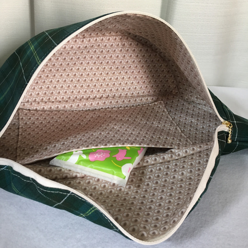 チェック柄シンプルショルダーバッグ/ボディバッグ〈大〉(黒/緑