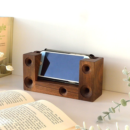 木製スマホスタンド ウォールナット スマホスピーカー 手帳型