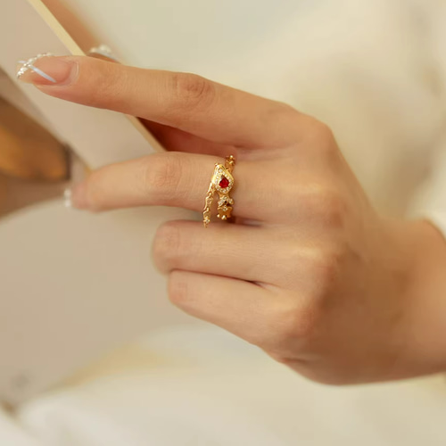 18KK18金蛇リング天然ルービー＆ダイヤモンドAu750ヘビ指輪 2025年干支