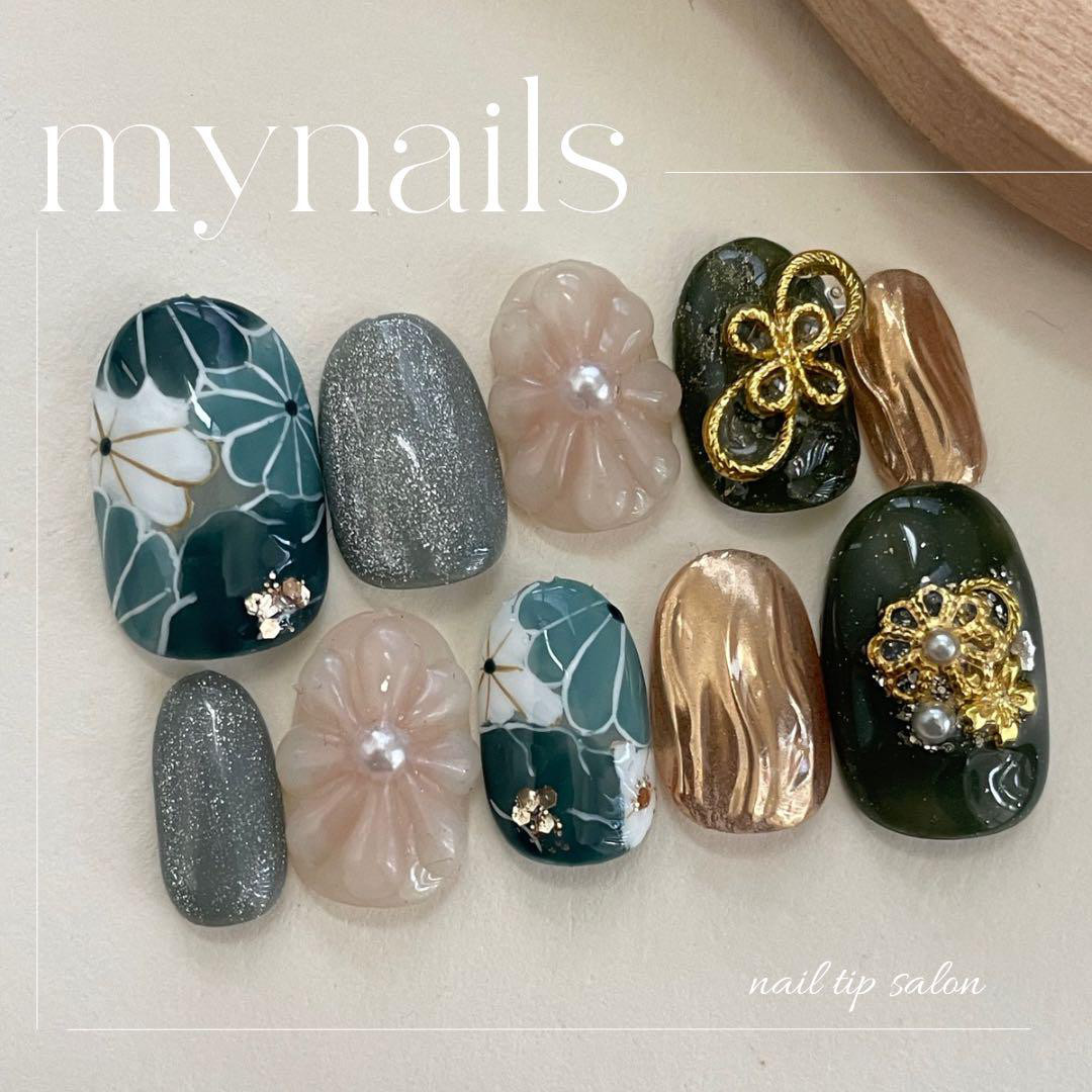 グリーン×カーキ成人式振り袖和柄ニュアンスネイルno32