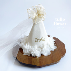 《お花*名入れパーティーハット》花冠　王冠　誕生日　ベビークラウン　ハーフバースデー　花かんむり　100日祝い　帽子 6枚目の画像