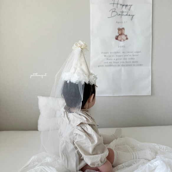 《お花*名入れパーティーハット》花冠　王冠　誕生日　ベビークラウン　ハーフバースデー　花かんむり　100日祝い　帽子 9枚目の画像