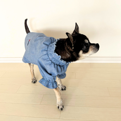 犬 服】シャーリングブラウス（ブルー）ポケットにハートを シンプル