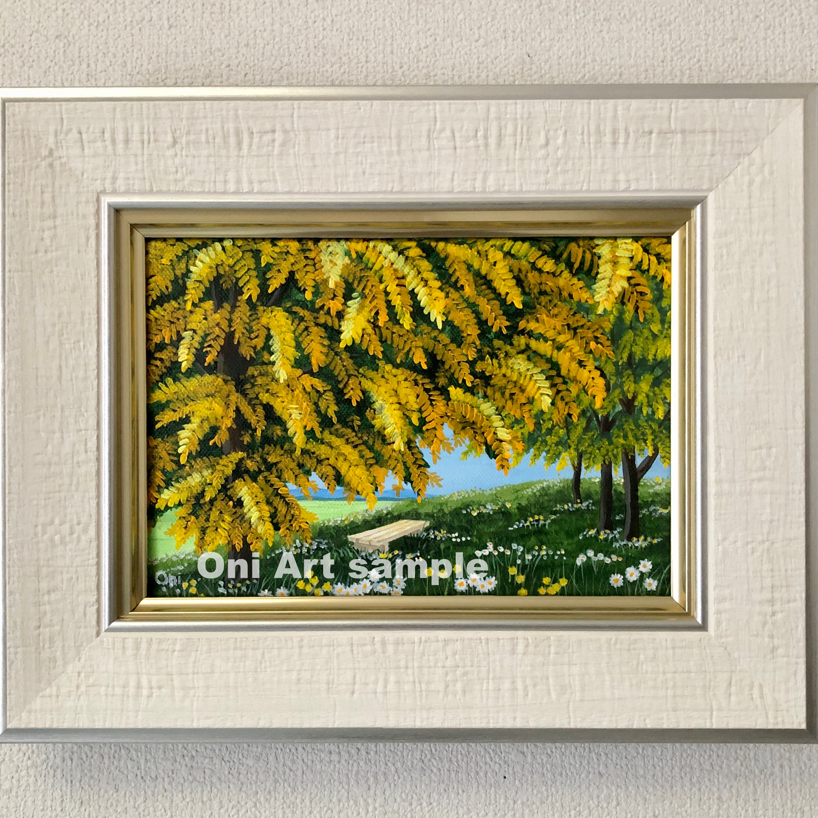 ミモザの下で03」アクリル画 原画 額縁付 キャンバス SMサイズ 風景画