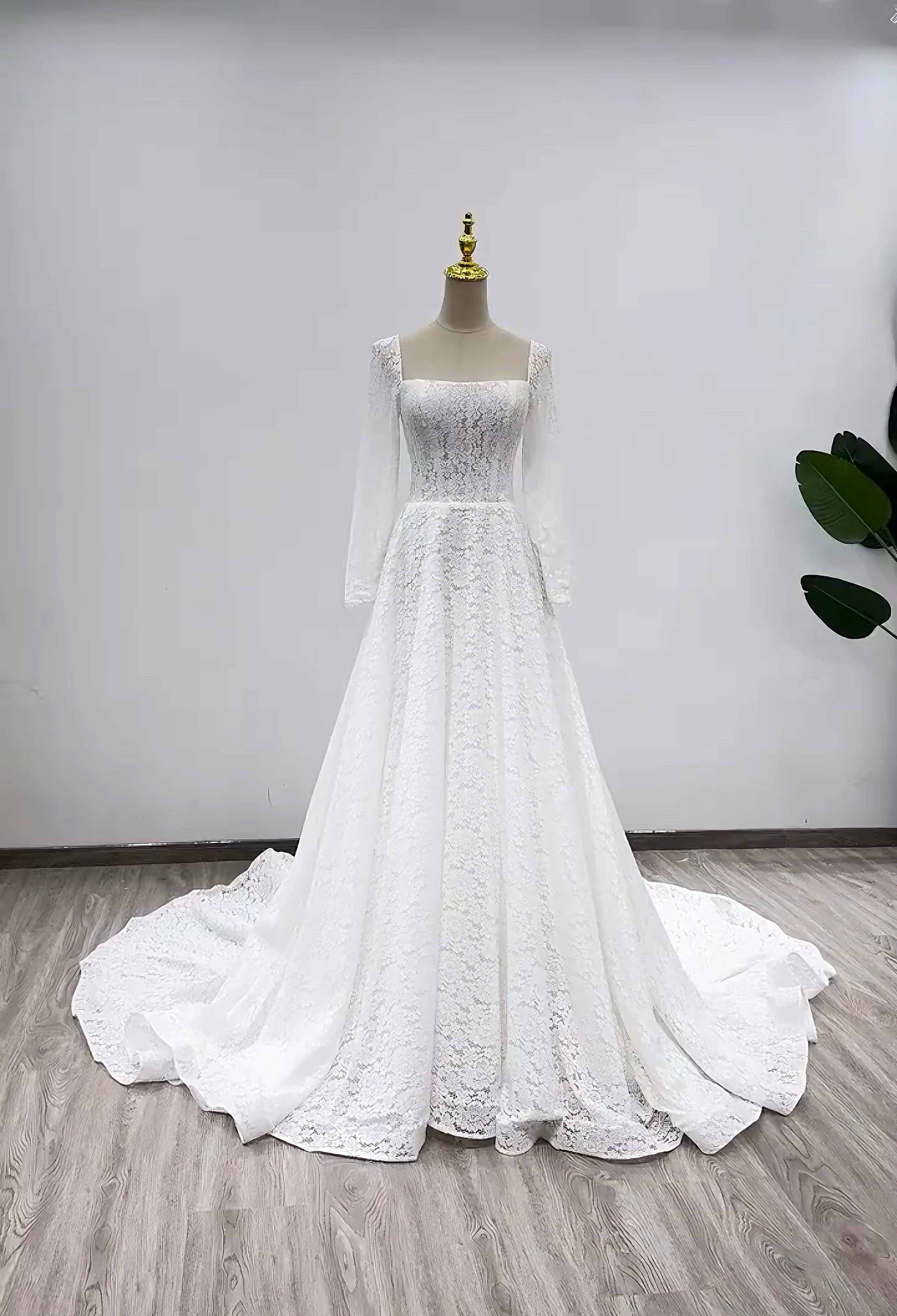 春秋ベストセラー　長袖　スクエアネック　Aライン優雅くるみボタン総レース痩せて見える　パーディードレス演奏会音楽会発表会