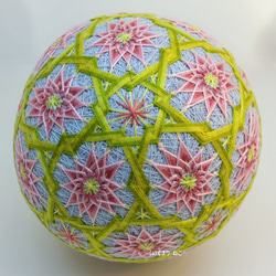 手毬猫の店 てまり「42面輪つなぎと菊」水色地緑輪桃花7号 手まり 手毬